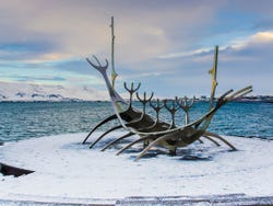 The Sun Voyager statue in winter